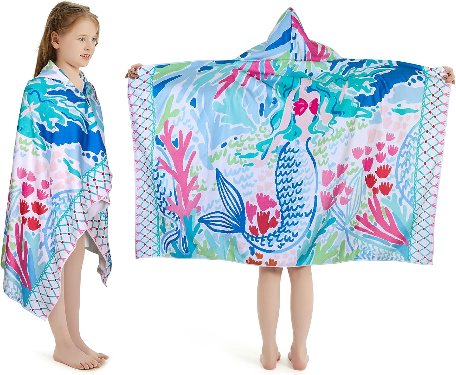 Girls' Hooded Bath Towel, Oversized 50" L x 30" W for Ages 3 to 12 Kids, Quick Dry Lightweight Soft Microfiber Hood Beach Towel Cover Up, Mermaid Theme -1Pack