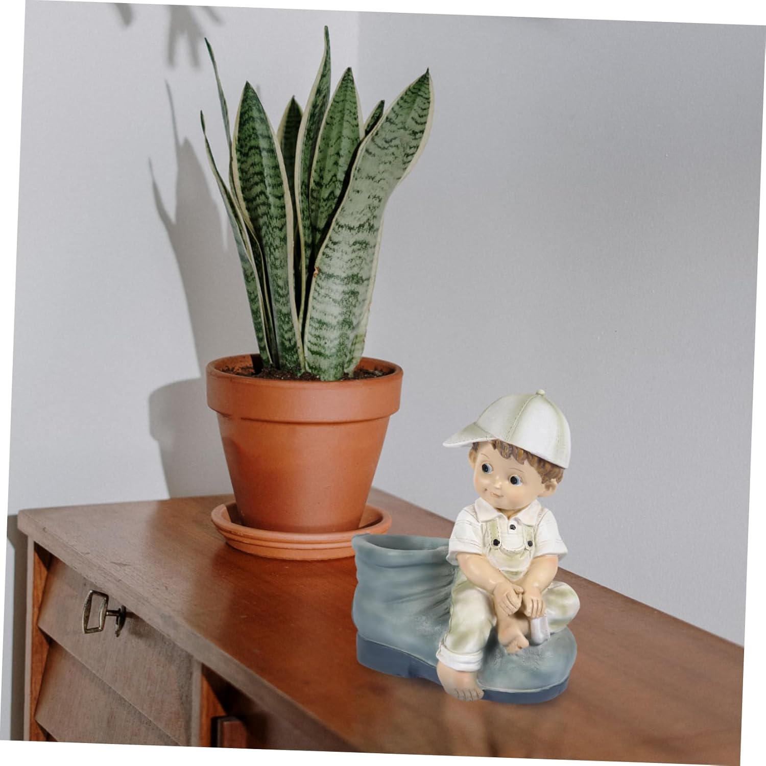 Sosoport Garden Figure Resin Sculpture Cartoon Boy Decorative Craft with Flower Pot for Outdoor Indoor Bonsai Decor Ornament for Room Bedroom and Office