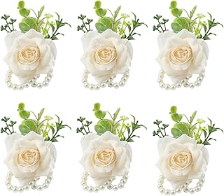 Meldel Wrist Corsage for Wedding(Set of 6),Artificial Champagne Rose Eucalyptus Pearls Wristband Corsages for Bride Bridesmaids Wedding, Women Mother Wrist Flower for Prom Party Anniversary Decor