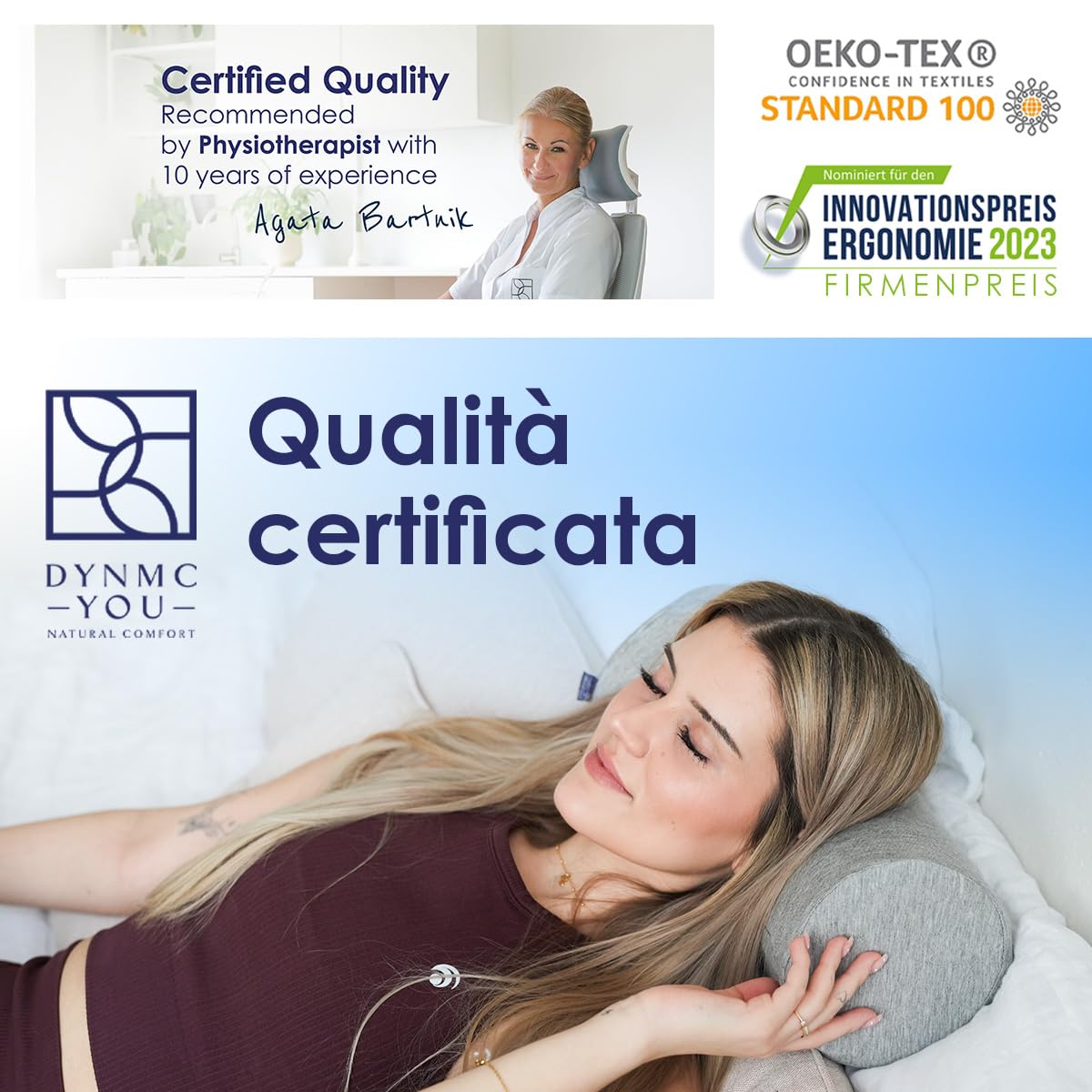 DYNMC you Cuscino Lungo Imbottito per Collo Rivestimento in Bambù OEKO-TEX di Altissima Qualità – Cuscino Memory Foam Cilindrico Ultra Confortevole - Cuscino Cervicale e Lombare Rotondo