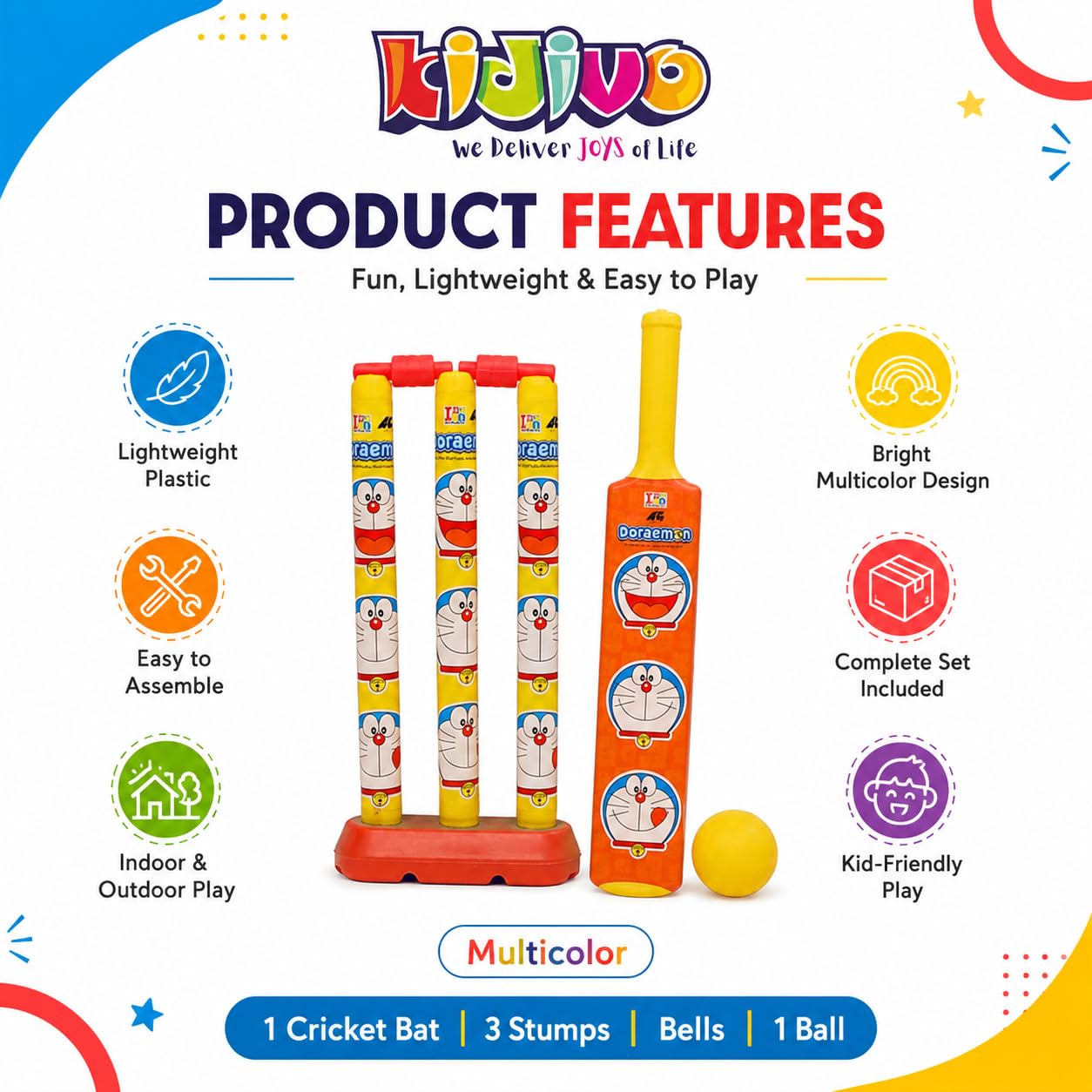 KIDIVO Plastic Cricket Set with Stump and Ball Playing Set for 2-5 Year Kids(Doraemon, Size:- Small, Multicolor) 1