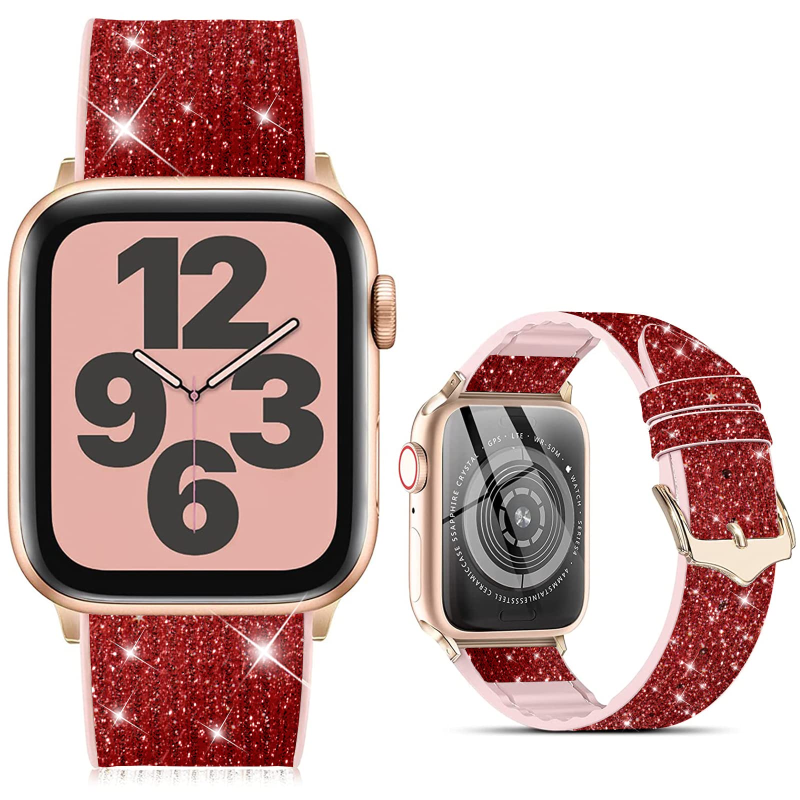 Compatible with Apple Watch Band 38mm 40mm 42mm 44mm, CTYBB Blingbling Sweatproof Genuine Leather and Silicone Band for iWatch Series 5 4 3 2 1