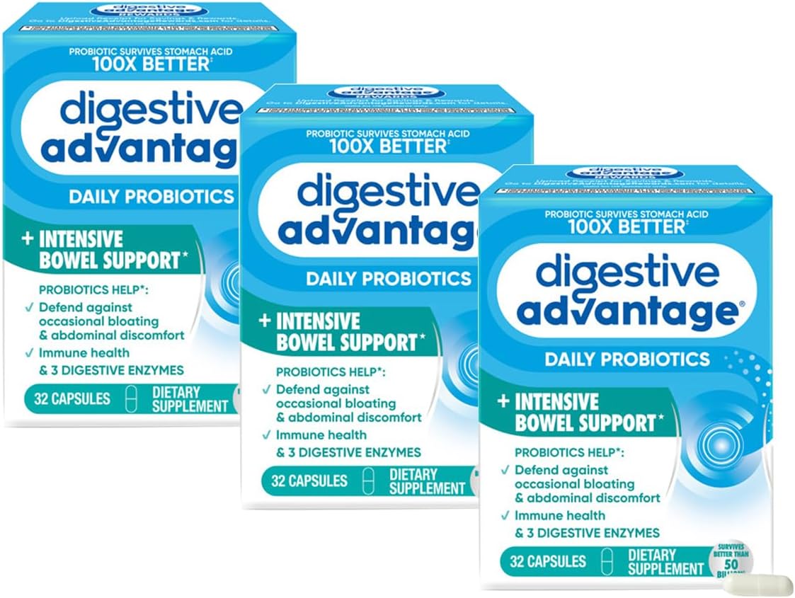 Intensive Bowel Support Probiotic Defends Against Gas & Bloating, 32 Count Capsules (3 Pack)