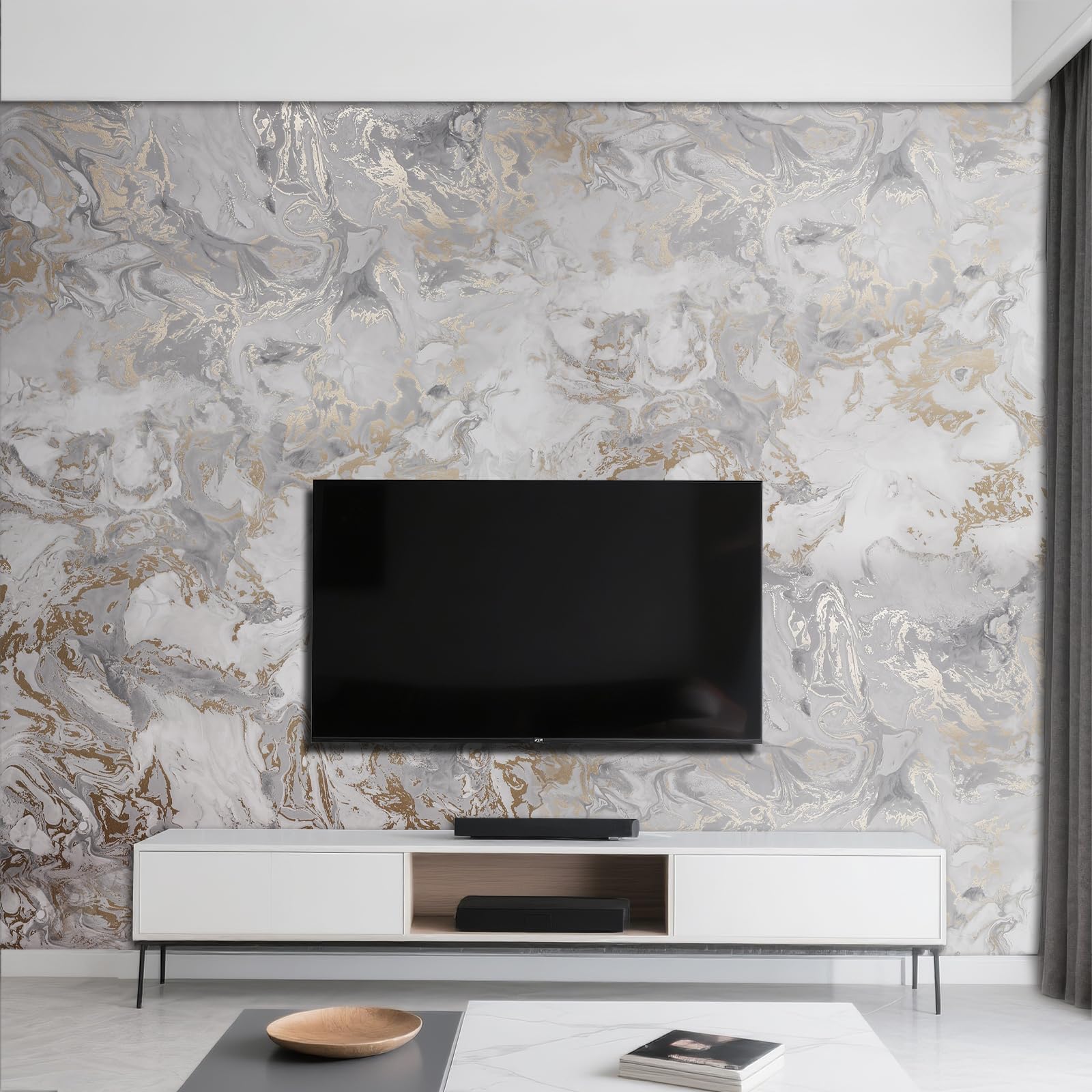 Marble Silver Gold Wallpaper for Living Room, Feature Metallic Marble Effect, Silver Gold Embossed Modern Glitter Textured Wallpaper, for Bedroom, Hallway and Stairs
