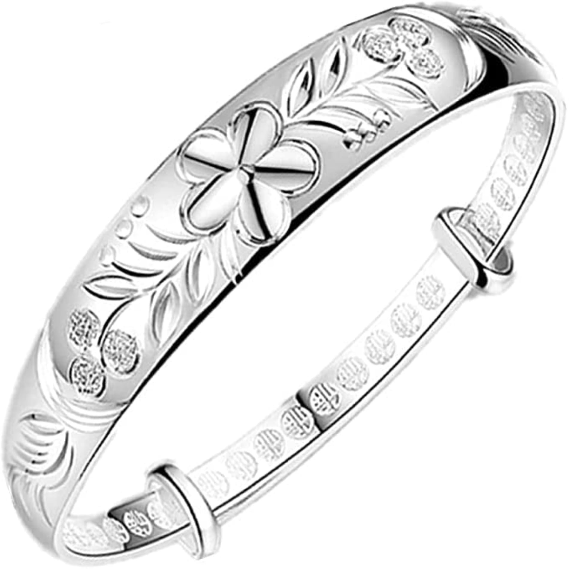 Donboly Pulsera de mujer, brazalete de plata de ley 925 moda sólido ancho flores ajustable parejas abiertas pulsera amuleto para hombres mujeres joyería eternidad Navidad
