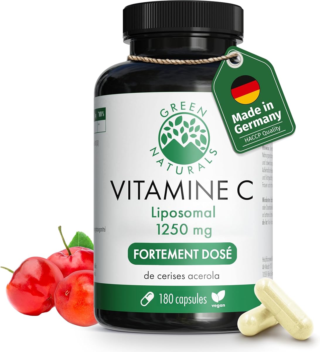 Vitamine C liposomale 1250mg - Important: Biodisponibilité et absorption maximales - 180 gélules végétaliennes de cerises d'acérola - Green Naturals®