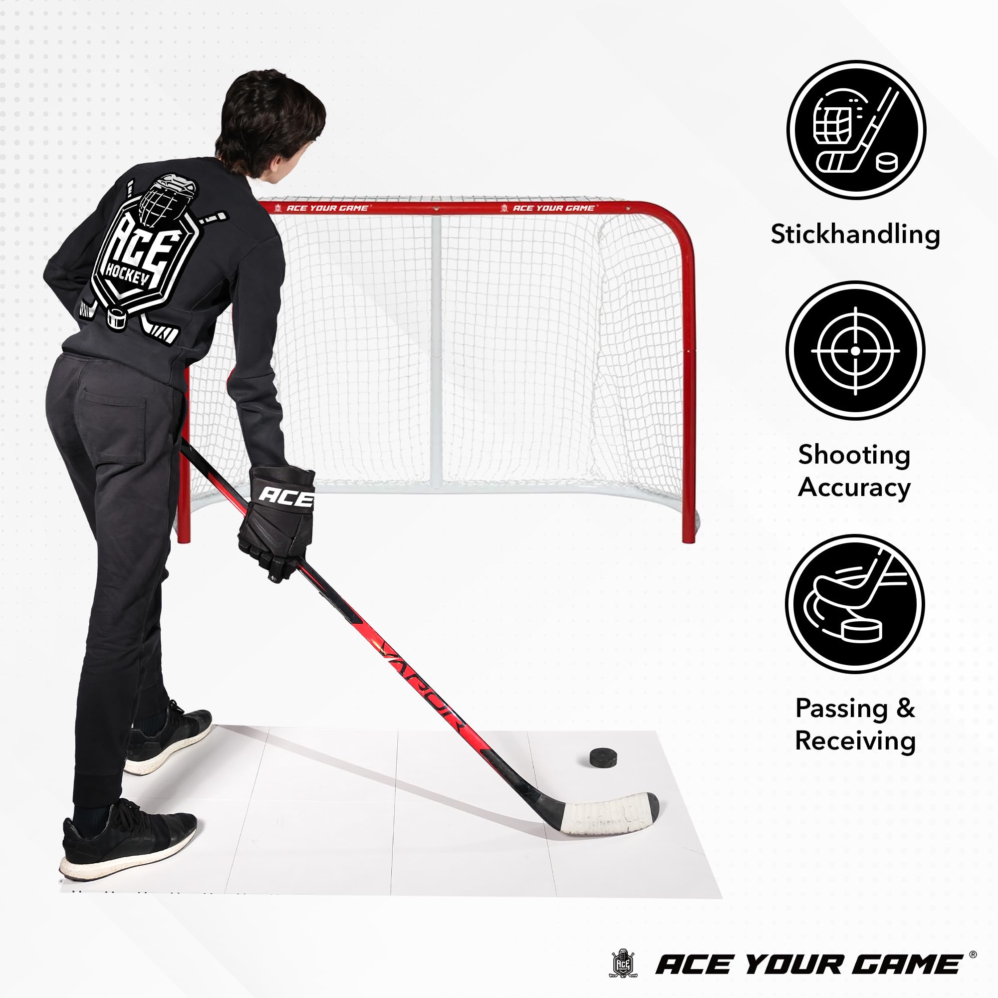 ACE HOCKEY Dryland - Azulejos de suelo para entrenamiento de hockey, paquete de 8 azulejos de hockey (9.4 pies cuadrados) para disparar, pasar, manejar con palos, azulejos de hielo sintéticos no