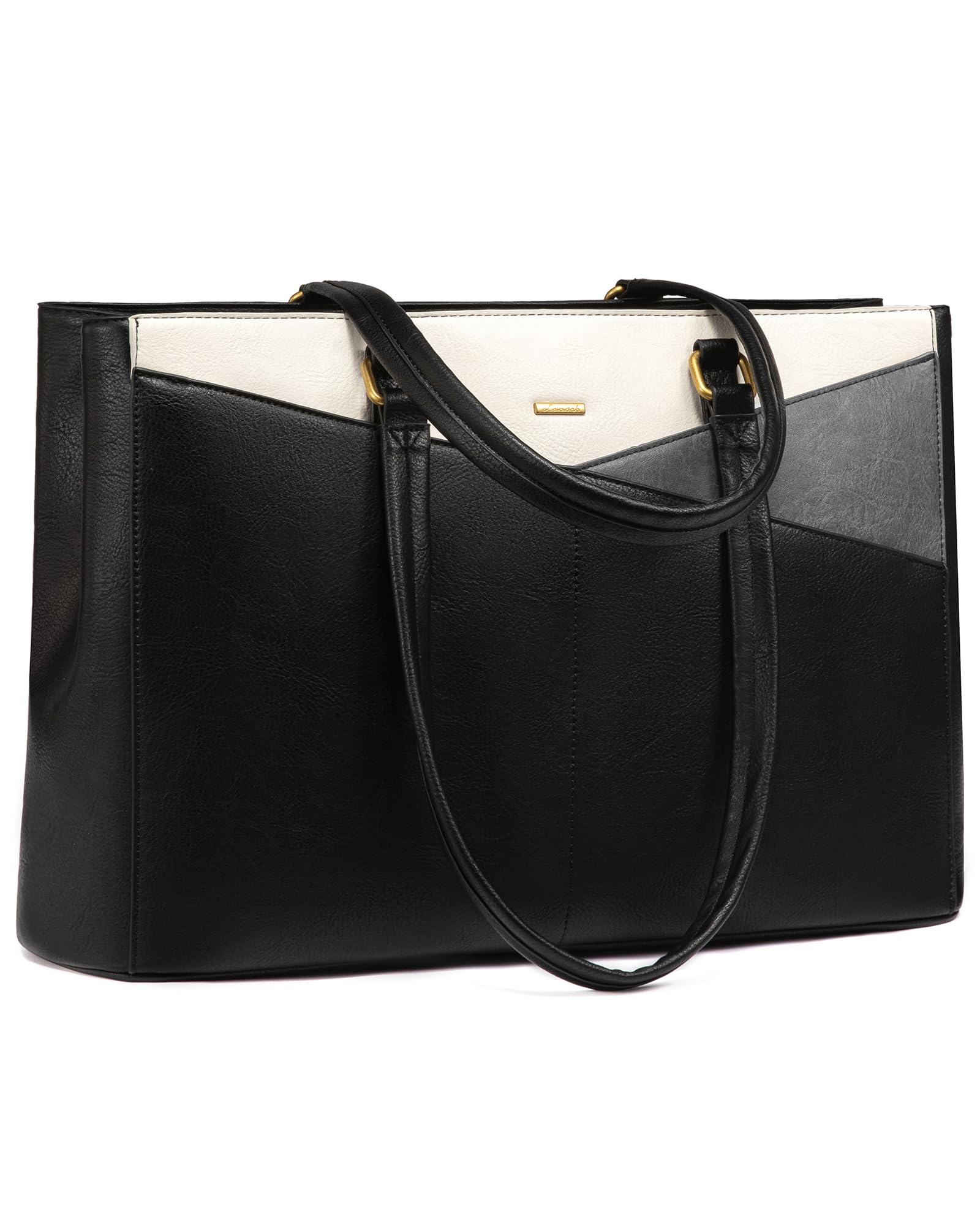 LOVEVOOK Women's Vintage Leather Work Tote, 15.6 Inch Laptop Bag - Waterproof Business Bag, Black & White & Gray