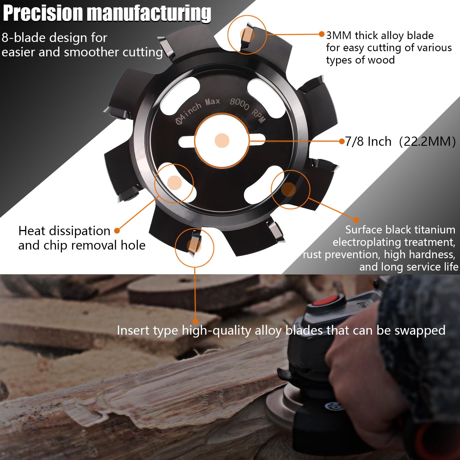 Disco moldeador de carburo de tungsteno, 8 cuchillas con cortadores reemplazables, disco abrasivo para tallar, herramienta de carpintería, 101 mm de diámetro, 22,3 mm de diámetro