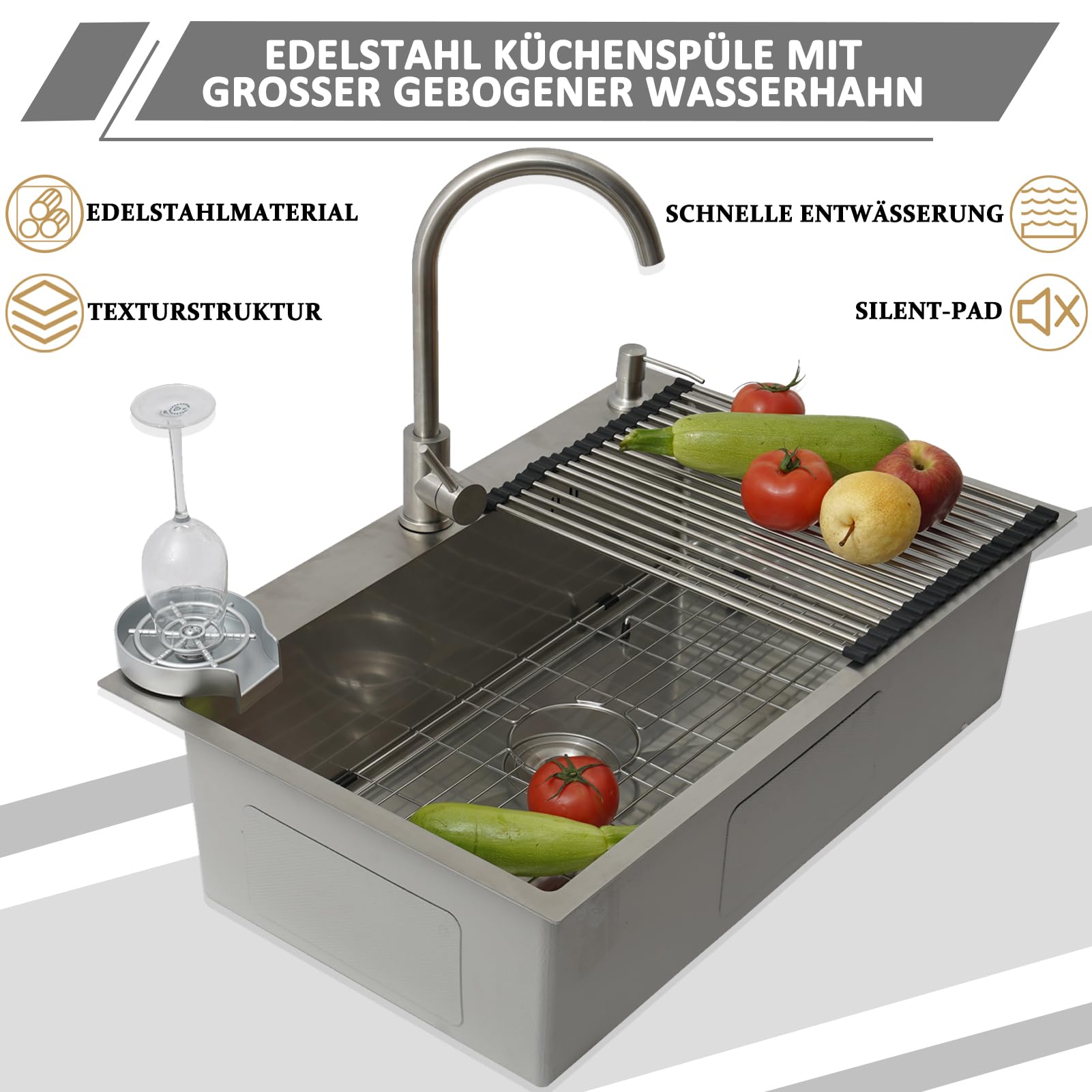 Lavabo de Cocina 80 x 50 cm, Fregadero de Cocina 1 Cuenca de Acero Inoxidable con Grifo, Gran Lavabo de Cocina Cepillado, con Rejilla Inferior para Fregadero, Escurridor, Dispensador de