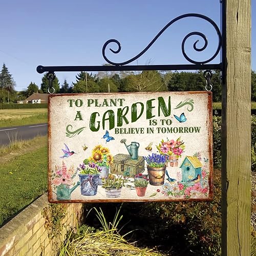Miniatura 8 de MeMate Letrero de metal con texto en inglés "To Plan a Garden is to Believe in Tomorrow", letrero de jardín de 8 x 12 pulgadas, decoración al aire