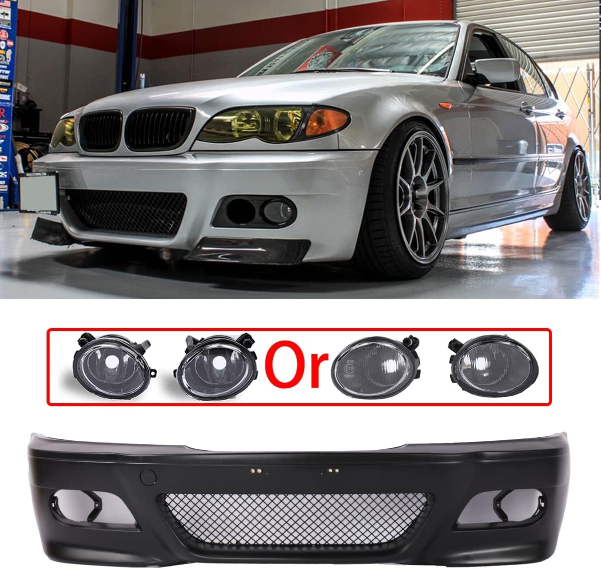 PENSUN M3 Style Front Bumper Covers Fit for 1999-2005 BMW E46 SEDAN Wagon with Fog Lamps
