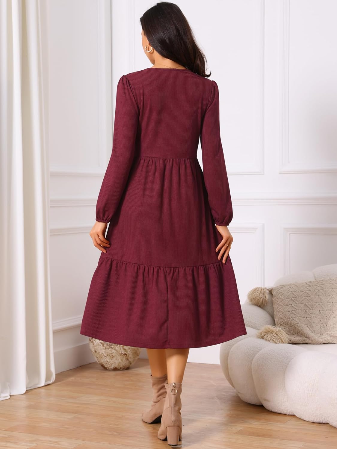 Seta T Women's Tiered Dresses Long Sleeve Round Neck Knit A-Line Casual Midi Dress with Pockets - Image 4