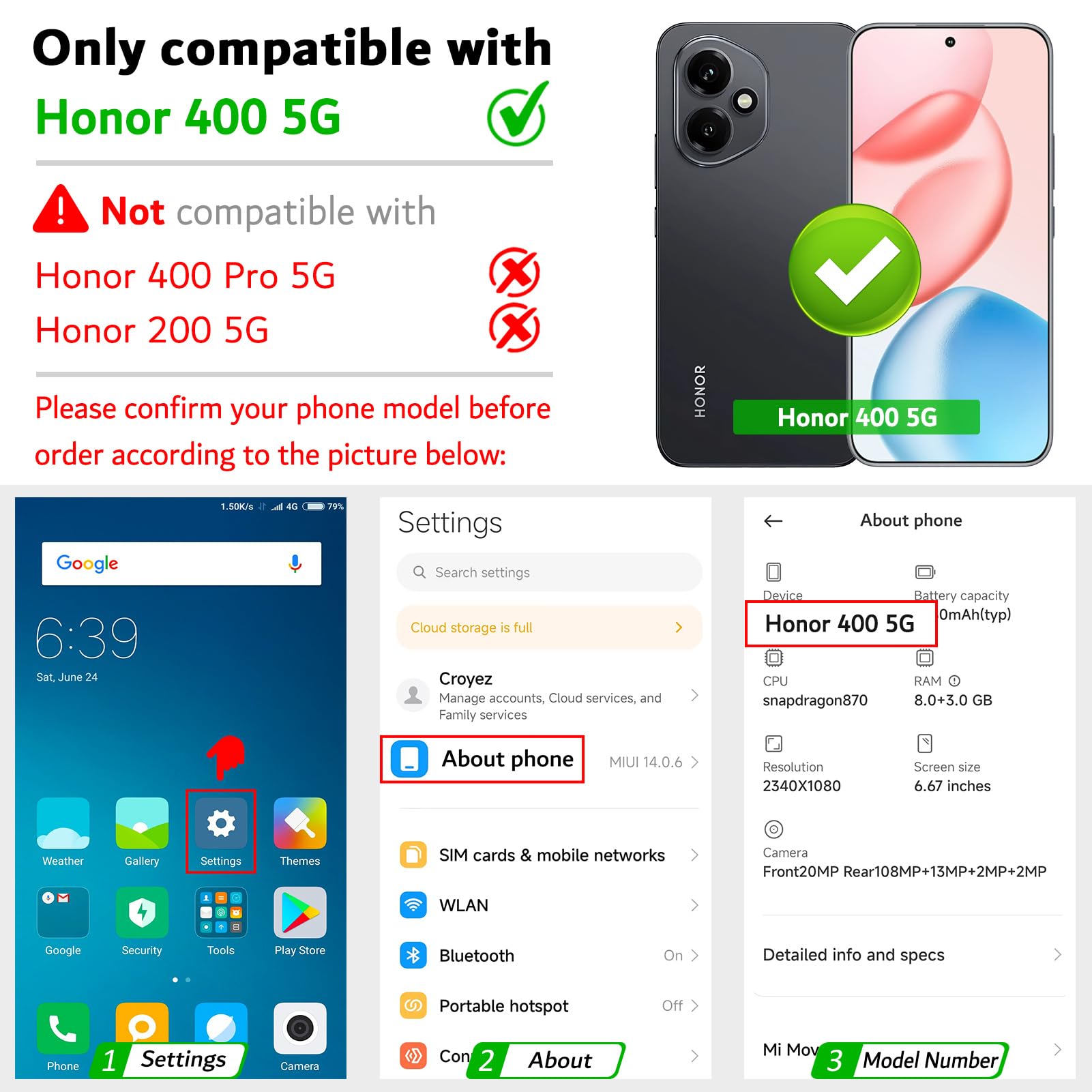 For Honor 400 Pro 5G (Global) Wallet Cases Retro Texture RFID Blocking Leather Phone Cover - Int Green - View #13