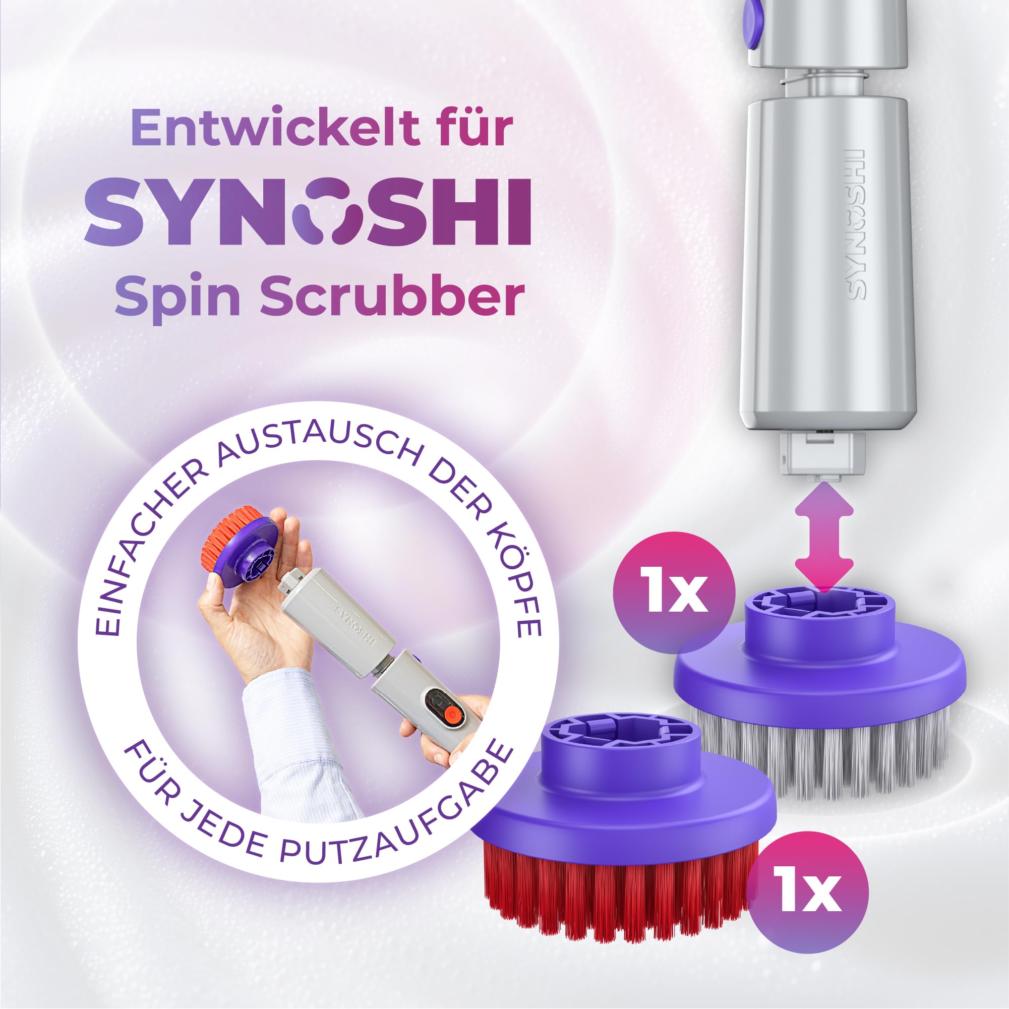 Synoshi Pro Rundbürstenköpfe für Reinigungsbürste, 2er Set | 1 rote & 1 graue Bürste, spülmaschinenfest, für Fliesen, Böden & Gartenmöbel