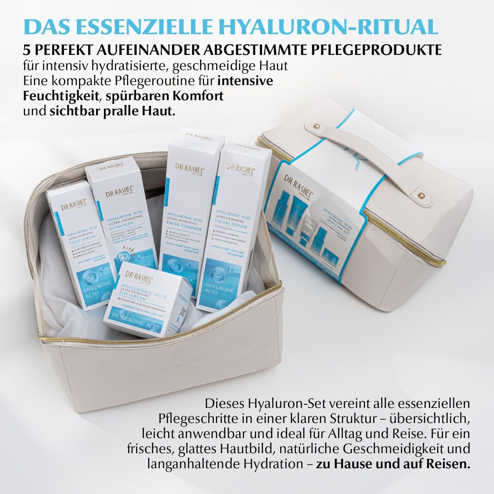 Hyaluronsäure Gesichtspflege Set 5-teilig - Anti-Falten Hautpflege mit Serum, Tagescreme, Nachtcreme, Reinigungsgel, Toner + SPF 50 Sonnenschutz - Anti-Aging, Hautpflege Hyaluronic Acid Geschenkset