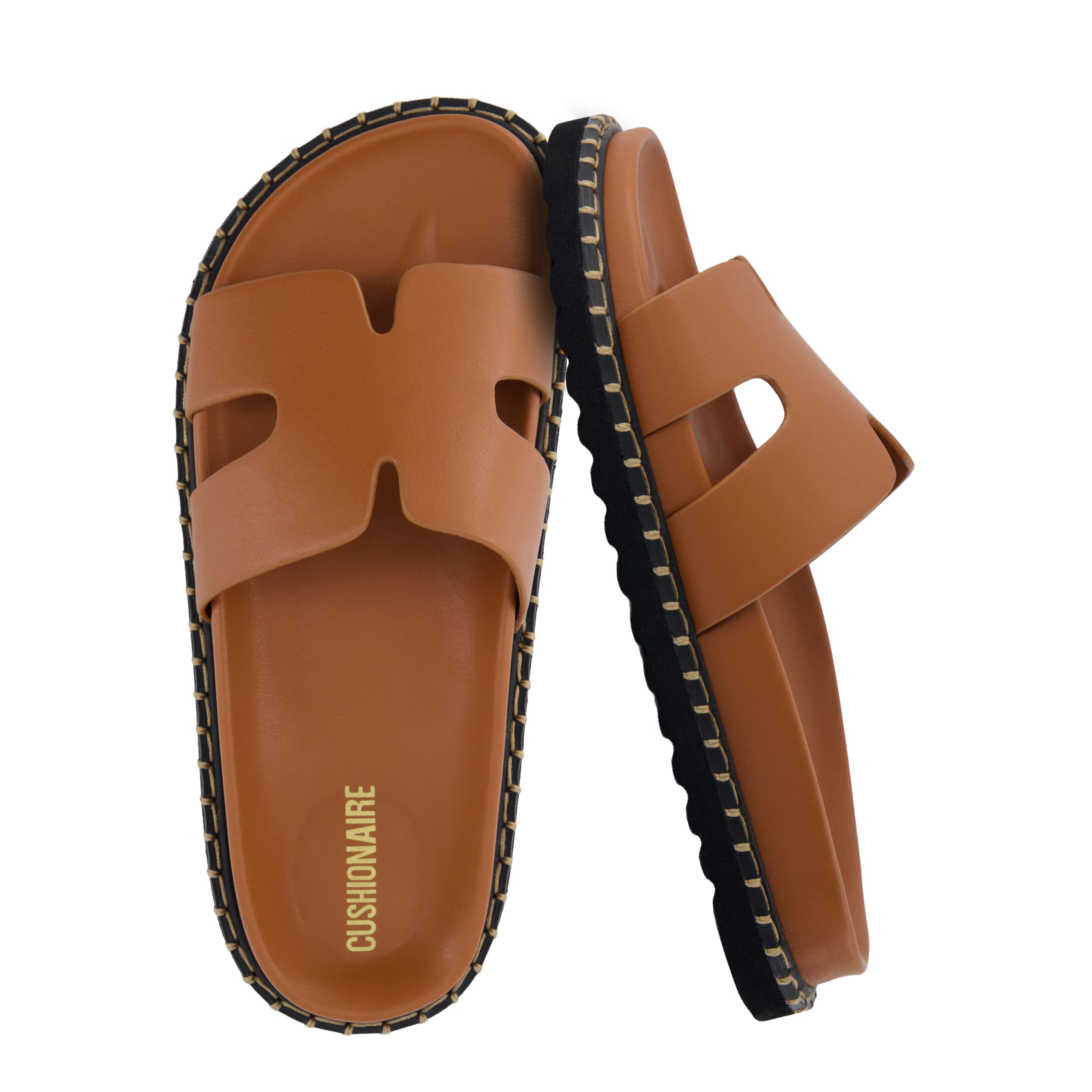 CUSHIONAIRE Crisp Women’s Slide Sandal – Faux Leather Cutout Slip-On with Artisan Stitching & Memory Foam, Wide Widths Available