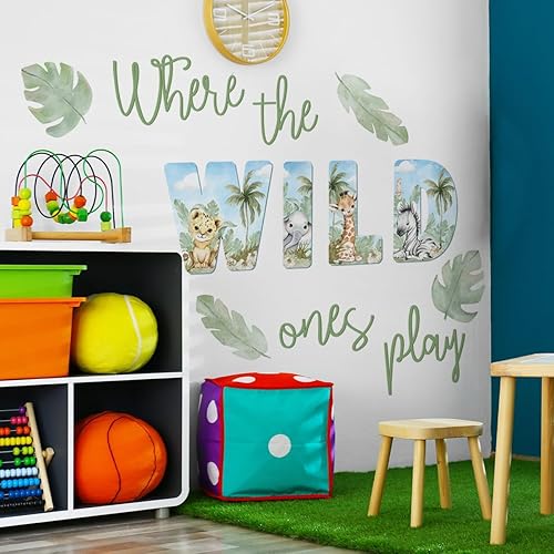 Miniatura 36 de Calcomanías de pared de animales de acuarela de 56.29 x 44.88 pulgadas, calcomanías de animales de selva, tigre, elefante, cebra, jirafa, mono