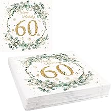 40 Pieces Eucalyptus Napkins for 60th Birthday, Eucalyptus Birthday Napkins, Green Eucalyptus Napkins for Table Decoration in Birthday Parties, Anniversaries