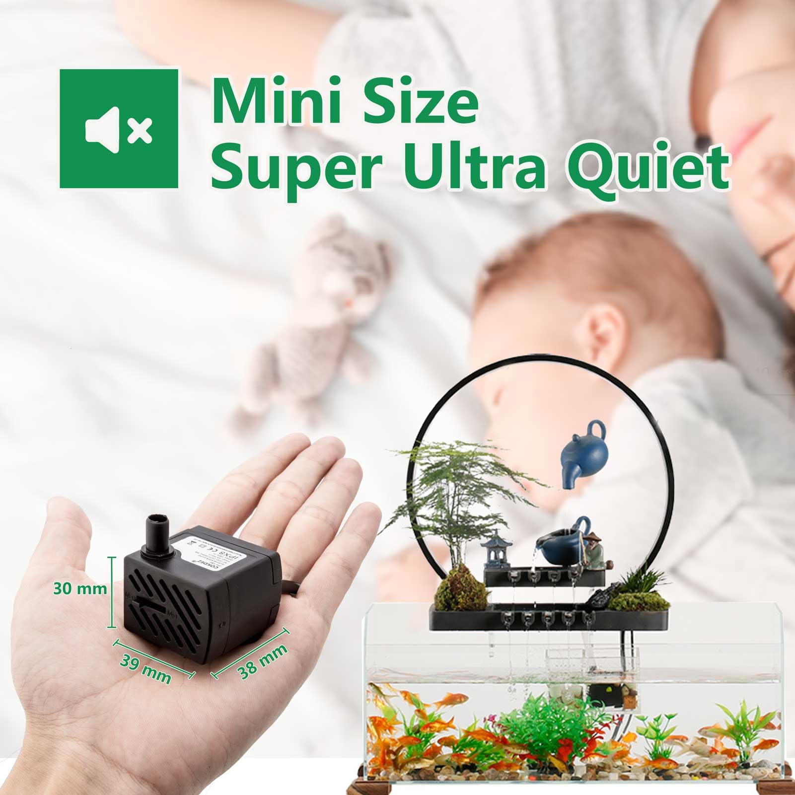 Mini bomba sumergible de 3 W, bomba de fuente pequeña de 180 L/H, bombas de agua extremadamente silenciosas para acuarios, fuentes de agua, peceras, mesa, fuentes para mascotas — view 3