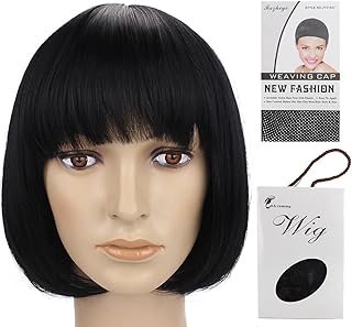 باروكة شعر بوب مفرود قصير مع غرة امامية للنساء من جرامي، 11 بوصة، 150 جم، مظهر طبيعي، مناسبة للحفلات التنكرية - اسود