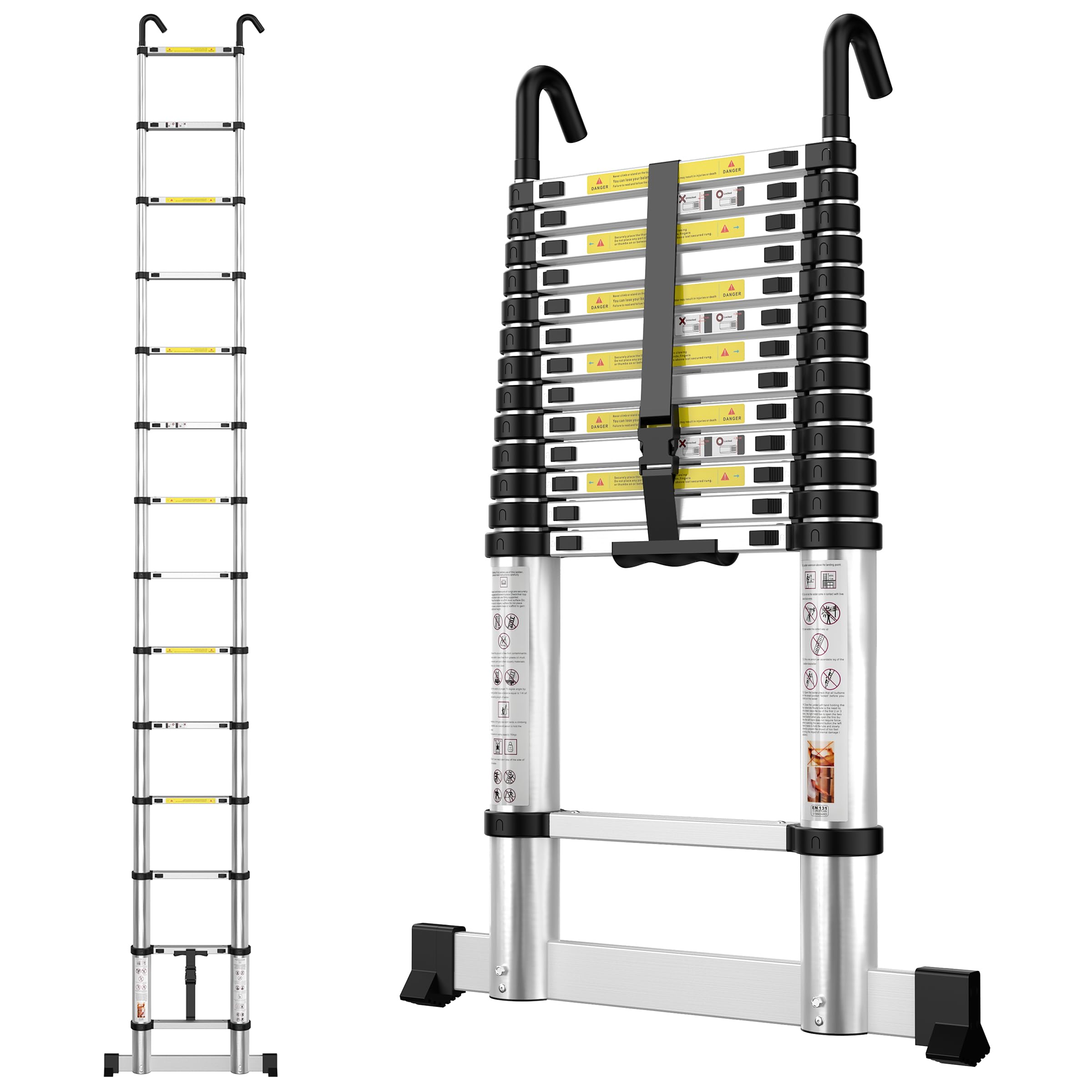 Telescopic Ladder 4.1M Aluminium Extension Extendable Loft Ladder with Stabilizer Bar and Detachable Hooks, Portable Folding Ladders