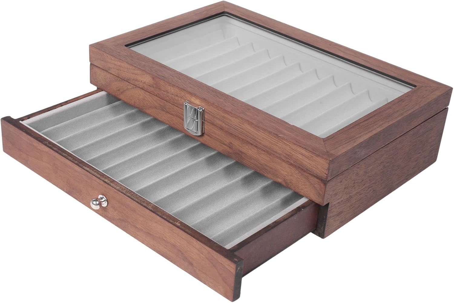 23グリッドくるみペン収納ケース 豪華な 2層ペンディスプレイオーガナイザー 透明な窓の万年筆ペンコレクション