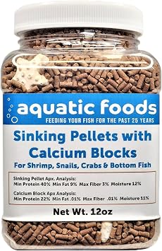 Calcium Blocks Included with Sinking Shrimp Pellets 40% Protein, 1/16" x 3/8" Pellets for Shrimp, Snails, Crabs, Catfish, Plecos, All Tropical Fish, Zeigler..12oz Small Jar