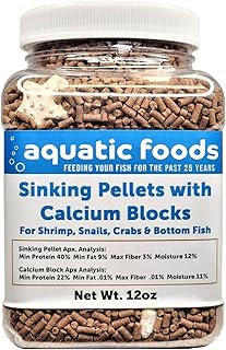 Aquatic Foods Inc. Shrimp Pellets 40% Protein 1/16" x 3/8" Sinking Pellets with 15 Calcium Enriched Food Disks for Shrimp, Snails, Crabs, Catfish, Plecos, Bottom Fish, All Tropical Fish...12oz Jar
