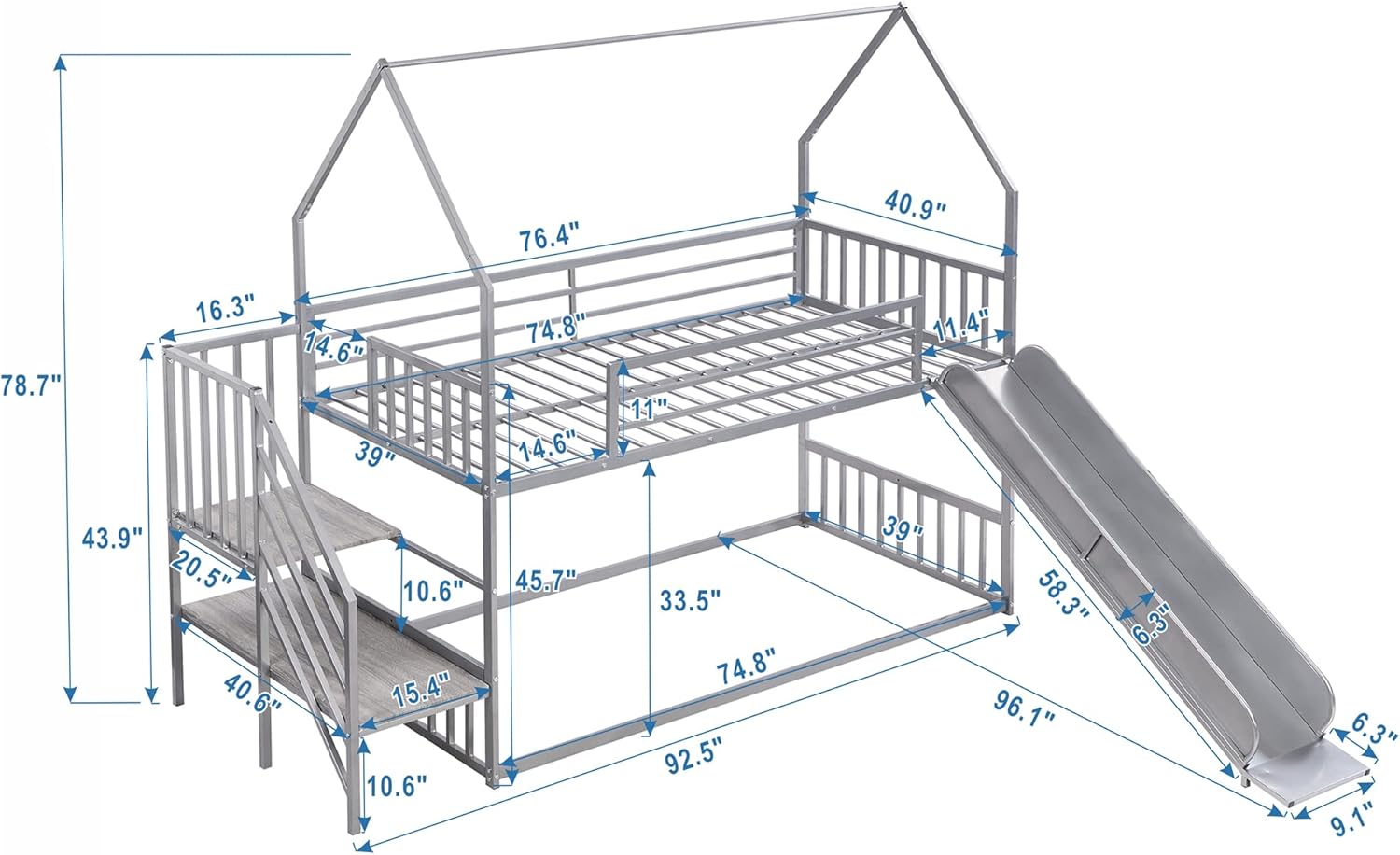 Harper & Bright Designs Twin Over Twin Metal Bunk Bed with Slide and Stairs, Low Bunk House Bed for Kids, Floor Bunk Bed, Modern Style Heavy-Duty Steel Frame (Silver)