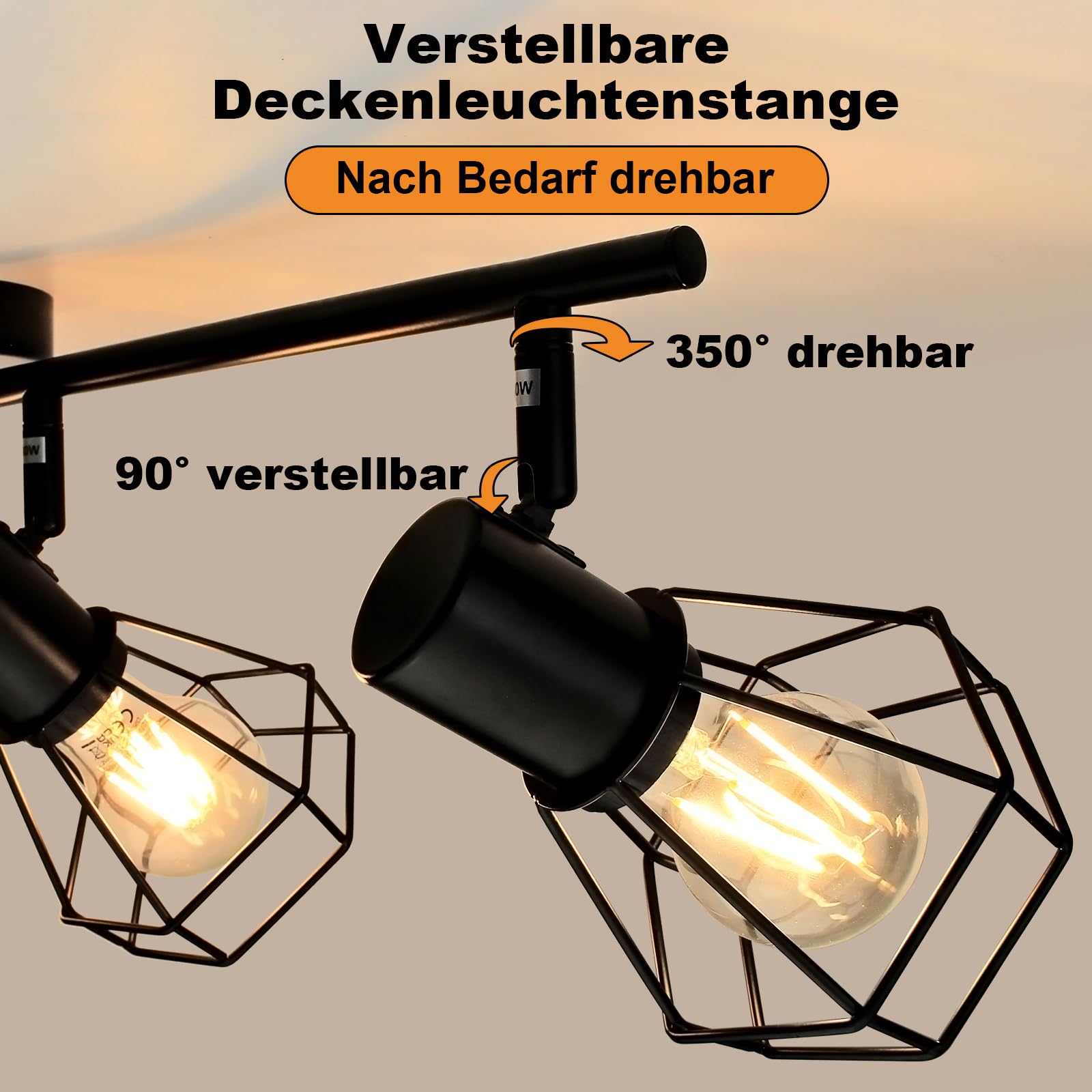 HiBay LED Deckenstrahler 4 Flammig E27 Deckenleuchte Wohnzimmer Vintage Schwenkbar 350° Deckenbeleuchtung für Schlafzimmer Flur, max. 60 Watt Ohne Leuchtmittel