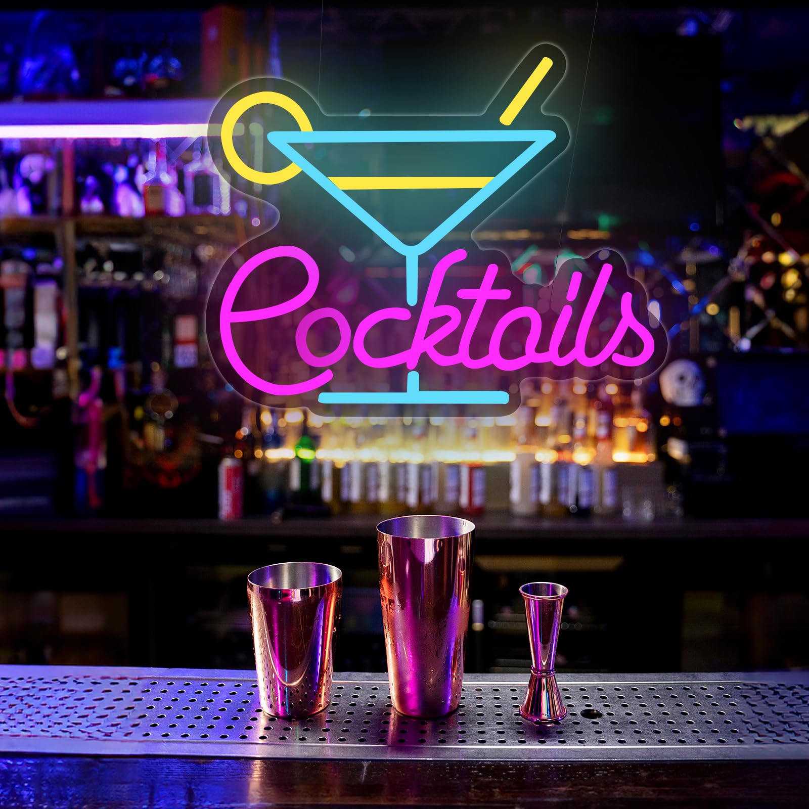LED Neon Cocktails Sign - Glass Cup Light Up Signs for Wall Decor, Reusable Neon Light For Pub, Parties, Restaurant, Acrylic, Night Bar (11.8 x 9.5 inch)