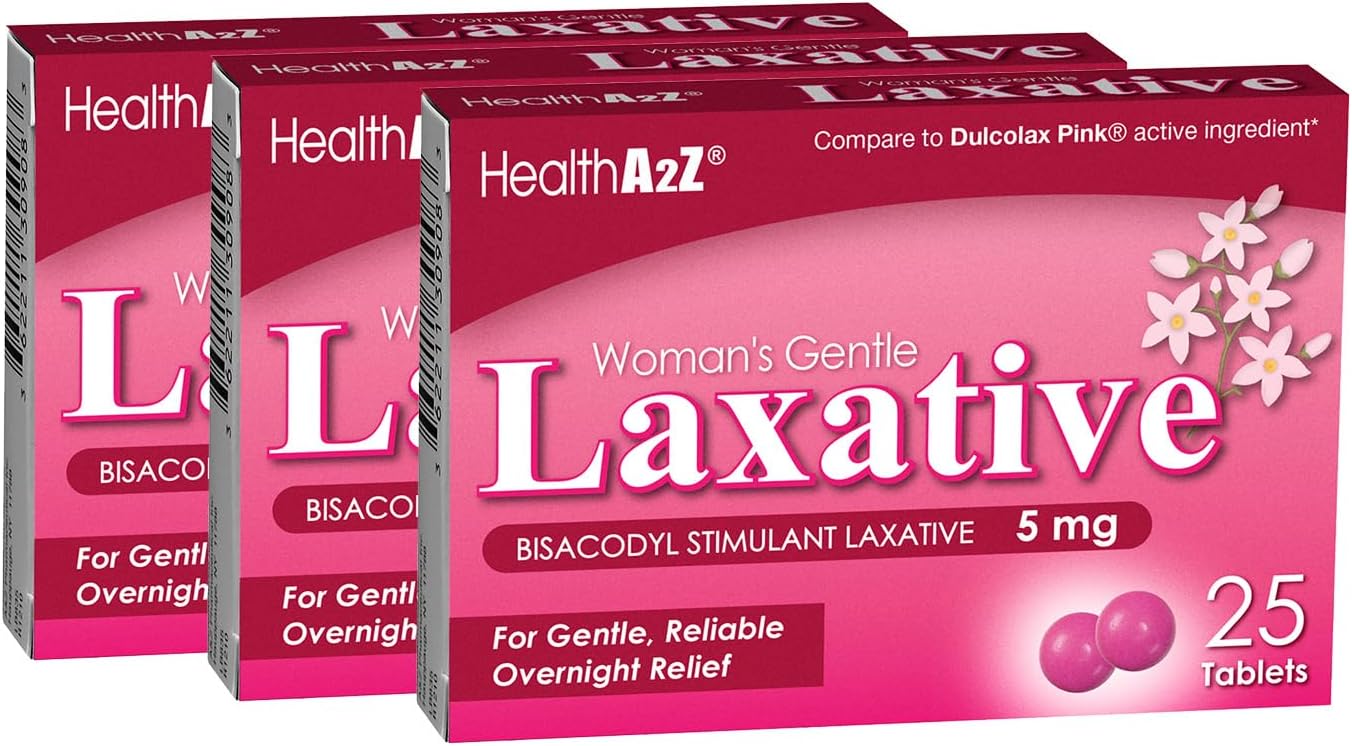 HealthA2Z® Woman's Gentle Laxative | Bisacodyl Stimulant Laxative 5mg | Constipation Relief | Gentle and Reliable | Overnight Relief (3 Pack x 25 tablest Each (75 Total))