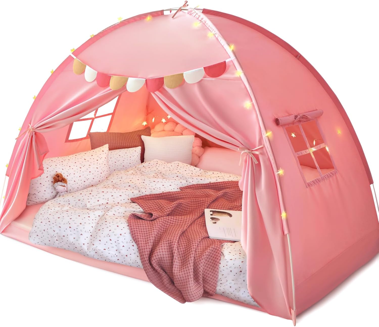 Razee Full Size Bed Canopy for Kids, Girls Bed Tent Dream Privacy Sleeping Tents Indoor, Toddler Under Bunk Bed Pink Tent (String Lights and Pennant Banners are Included)