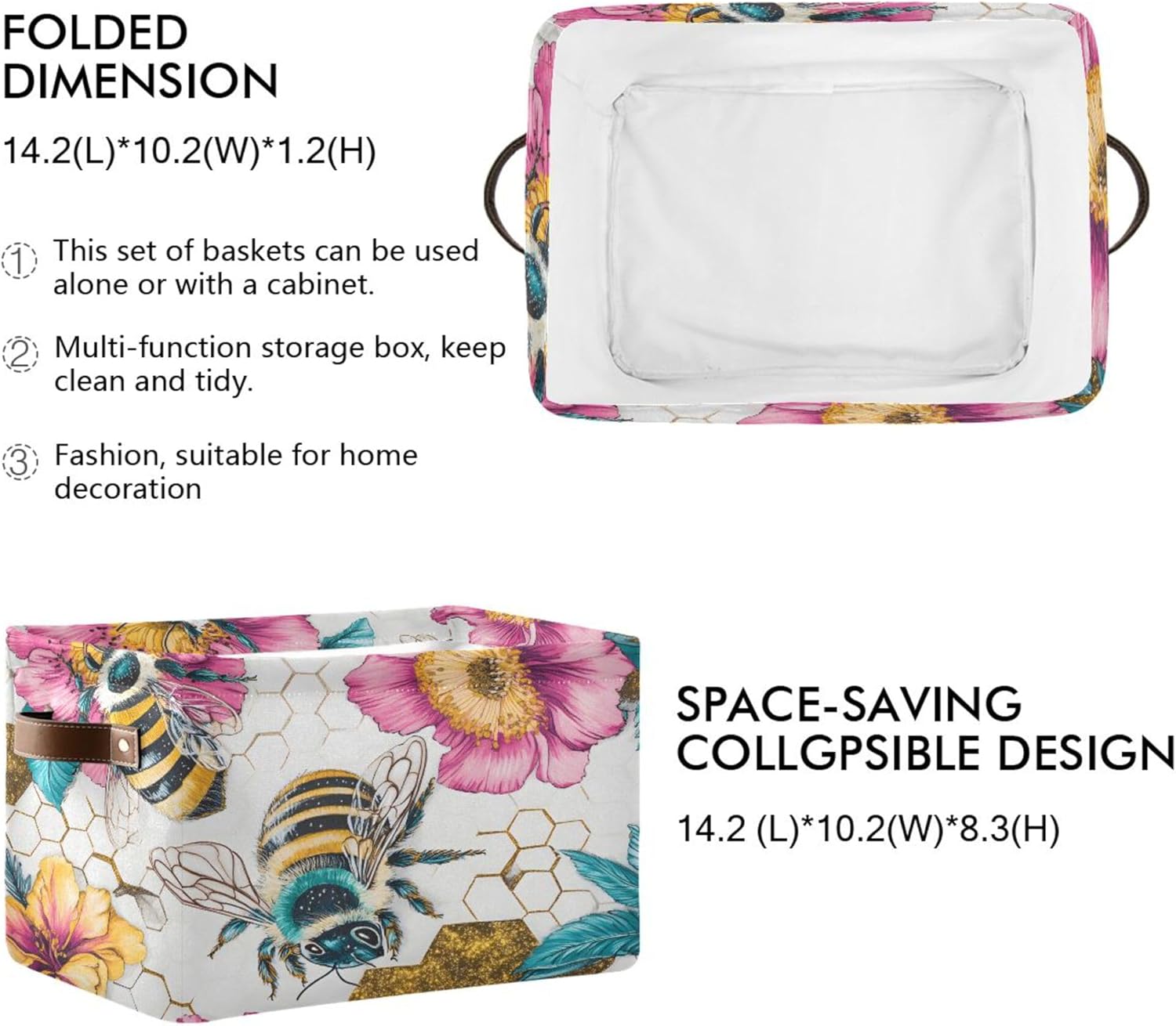MNSRUU Storage Basket Flower Bee Collapsible Organizer Basket for Shelves with PU Handles, Decorative Waterproof Nursery Laundry Storage Cubes Bins, 2 Pack