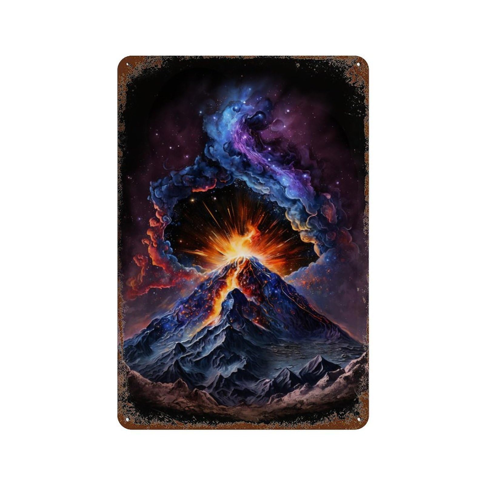 Garage Style Volcanic Eruption in Space-2 Distressed Metal Wall Sign 11.8"x7.9", Farmhouse Wall Decor for Bar And Workshop