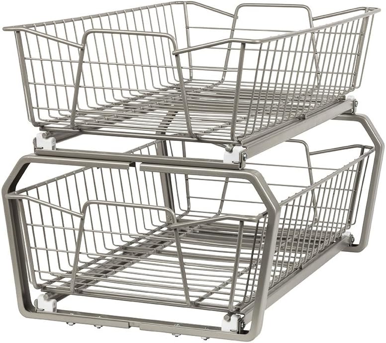 ClosetMaid 11 in. Pull Out Cabinet Organizer, 2 Tier, Heavy Duty, Slide Out Pantry Shelves Drawers for Kitchen, Bathroom, Nickel