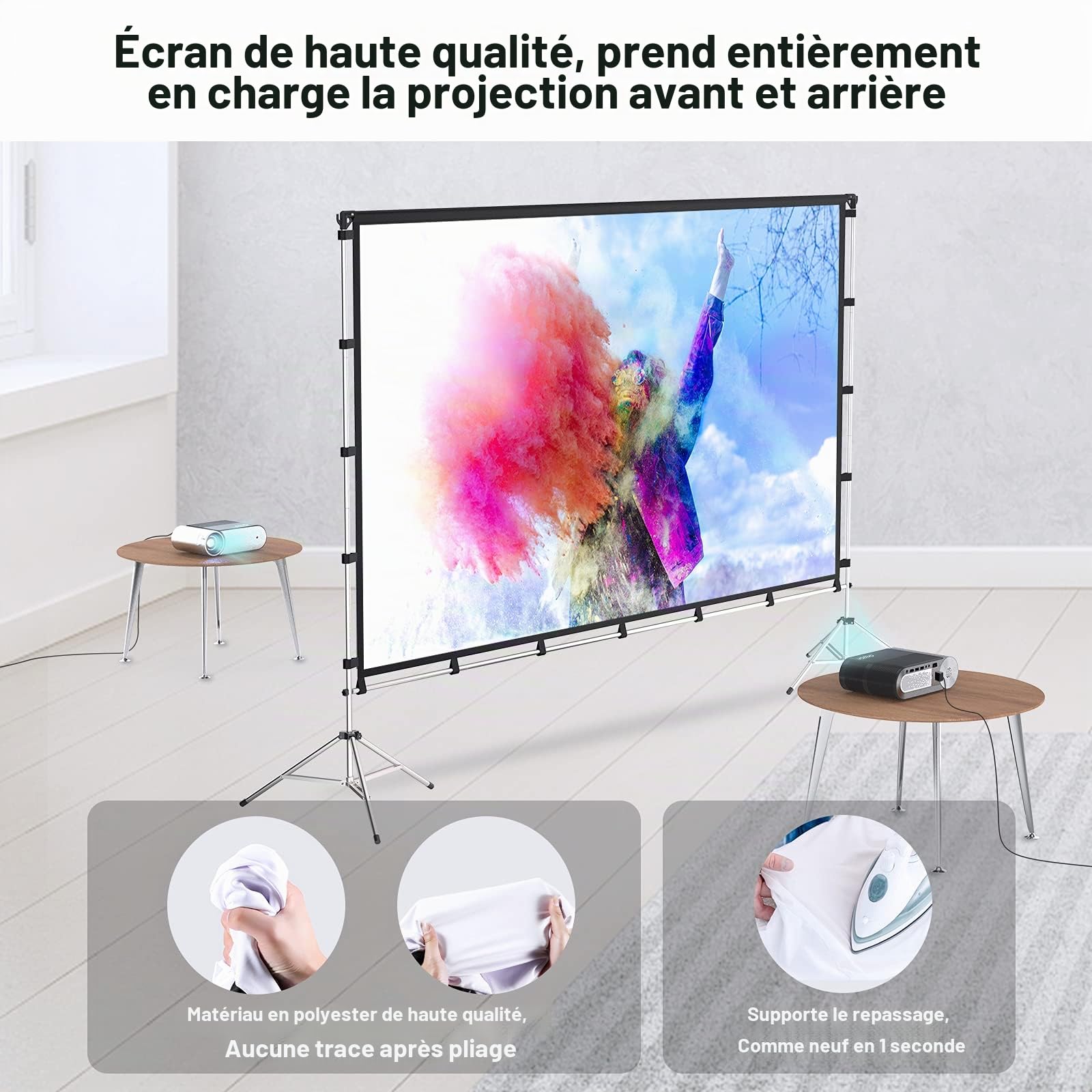Vamvo extérieur/intérieur Vidéoprojecteur écran avec support pliable portable film d'écran 304,8 cm (16 : 9) Full-set Sac pour le camping et les événements de loisirs Home Cinéma 100inch