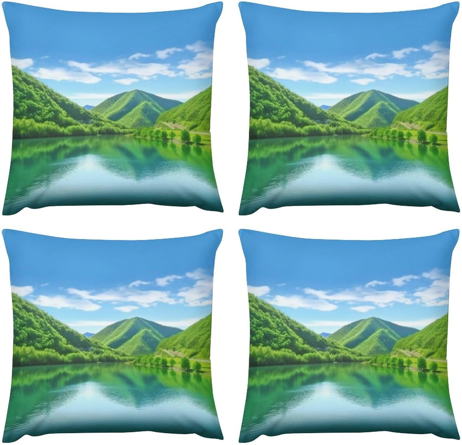 Zippered Pillow Cover, Pillow Protector, Green Hills and Water Printed Pillow Cover of 4, Pillow Not Included