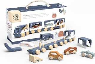 SPEEDY MONKEY Wooden Car Transporter Train Toy – Multicolor Engine with Removable Cars Carrier Train, Transport Vehicles Playset for Kids Ages 1+, Cargo Railway Set for Boys, Girls