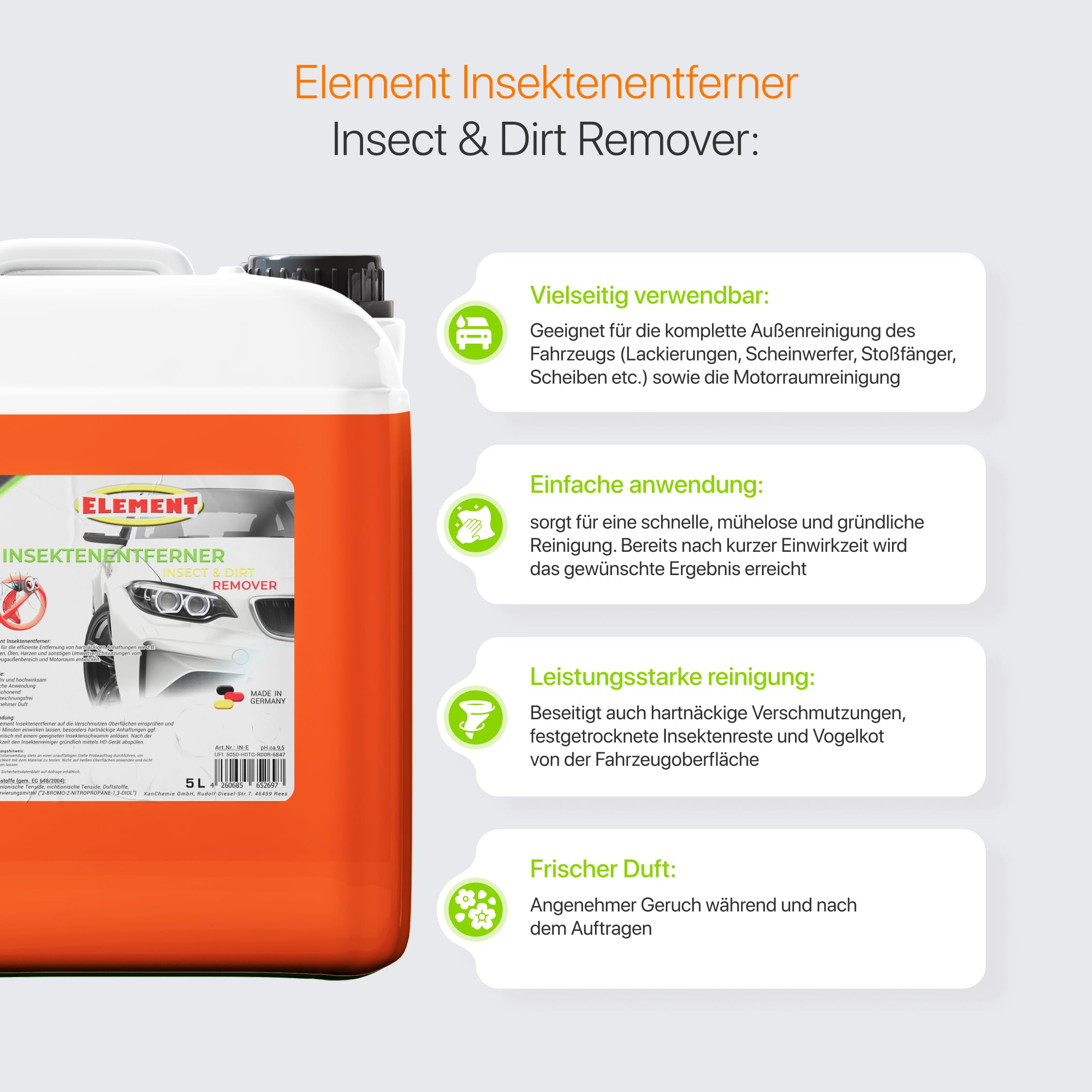 Element Insektenentferner & Schmutzlöser | 5 Liter | Insect & Dirt Remover | Material- und lackschonend | Insektenreiniger Auto KFZ