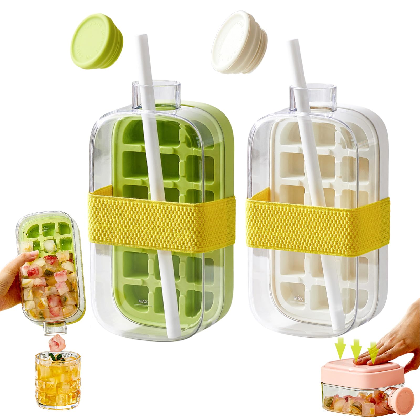 Vassoio 2 in 1 per cubetti di ghiaccio e bottiglia d'acqua con coperchio e cannuccia, stampi flessibili in silicone per caffè, birre, succhi di frutta e bevande (verde + bianco, 800 ml)