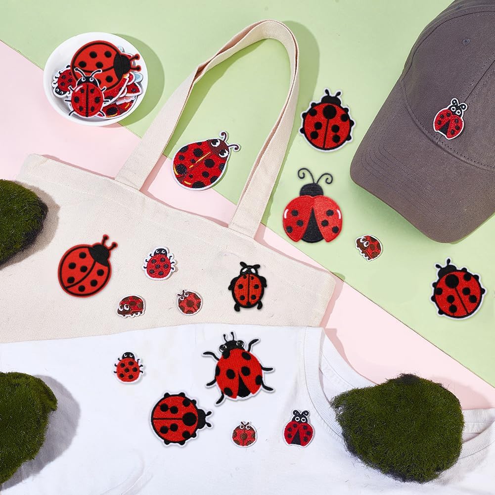 AHANDMAKER 16 Pcs 12 Styles Ladybug Embroidery Patches, Cartoon Cute Iron on Patches, Small Embroidered Patch Appliques for Shoes Backpack Repairing and Decorations