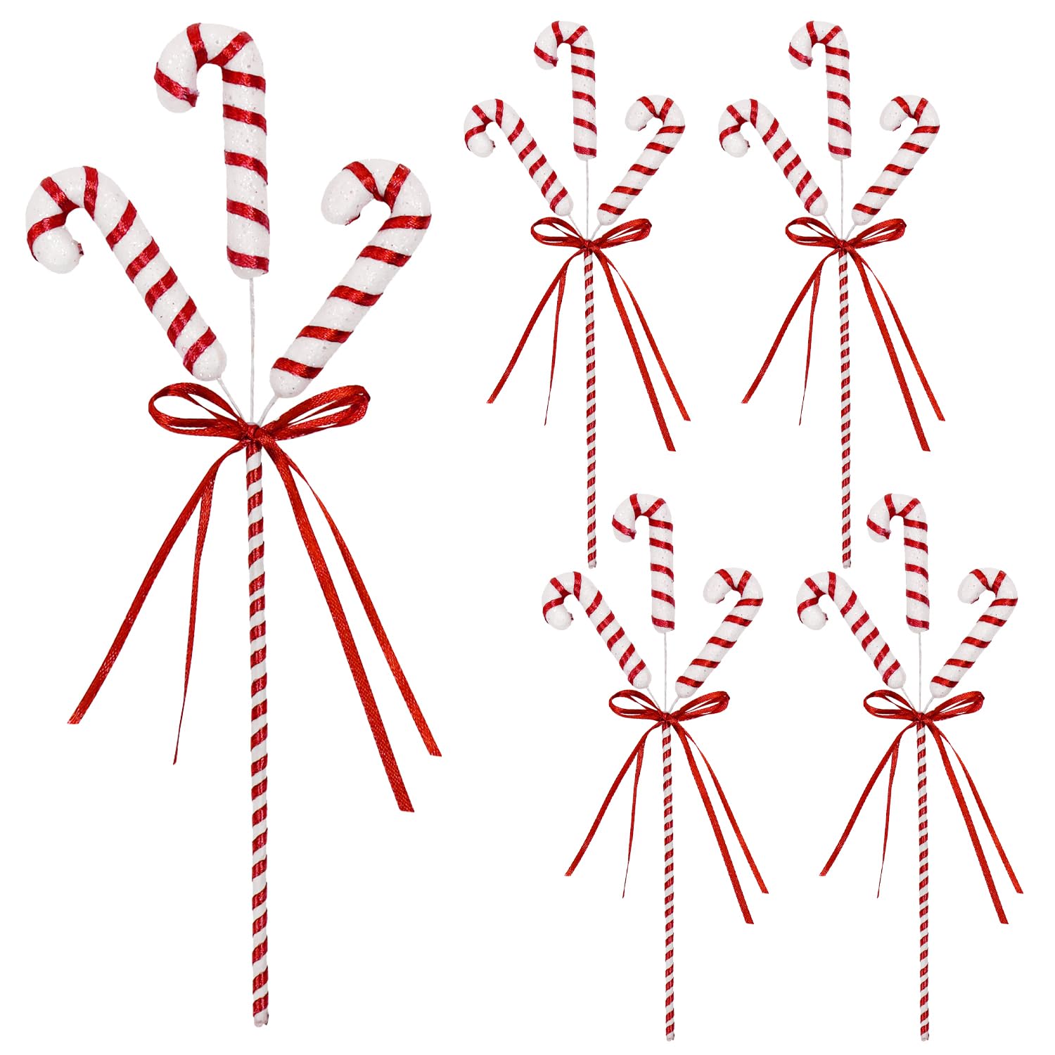 6 Pcs Red & White Glitter Candy Cane Spray, 28 CM Christmas Ornament Picks Christmas Tree Decorations Christmas Candy Cane Tree Toppers for Xmas Tree Party Supplies Vase Filler Crafts (Red & White)