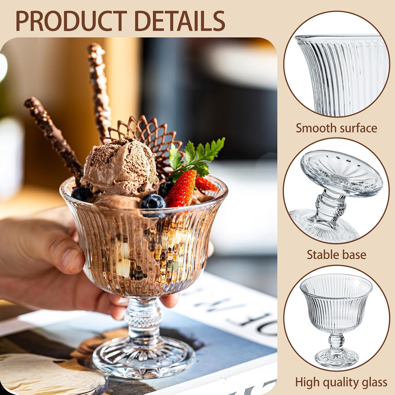 Glass Dessert Cups, Vintage Footed Glass Ice Cream Bowls (4)