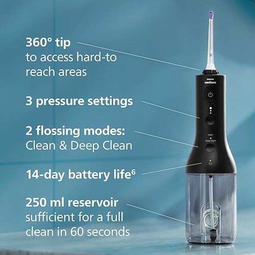 Philips Sonicare Irrigatore Orale Power Flosser 3000 cordless - Per denti e gengive - Nero modello HX3826/33, Sonicare 3000, Nero - 3