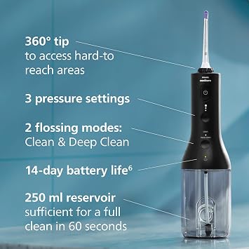 Philips Sonicare Wireless Power Flosser 3000 Oral Irrigator, Water Flosser for Teeth, Gums and Dental Care, in Black (Model HX3826/33)