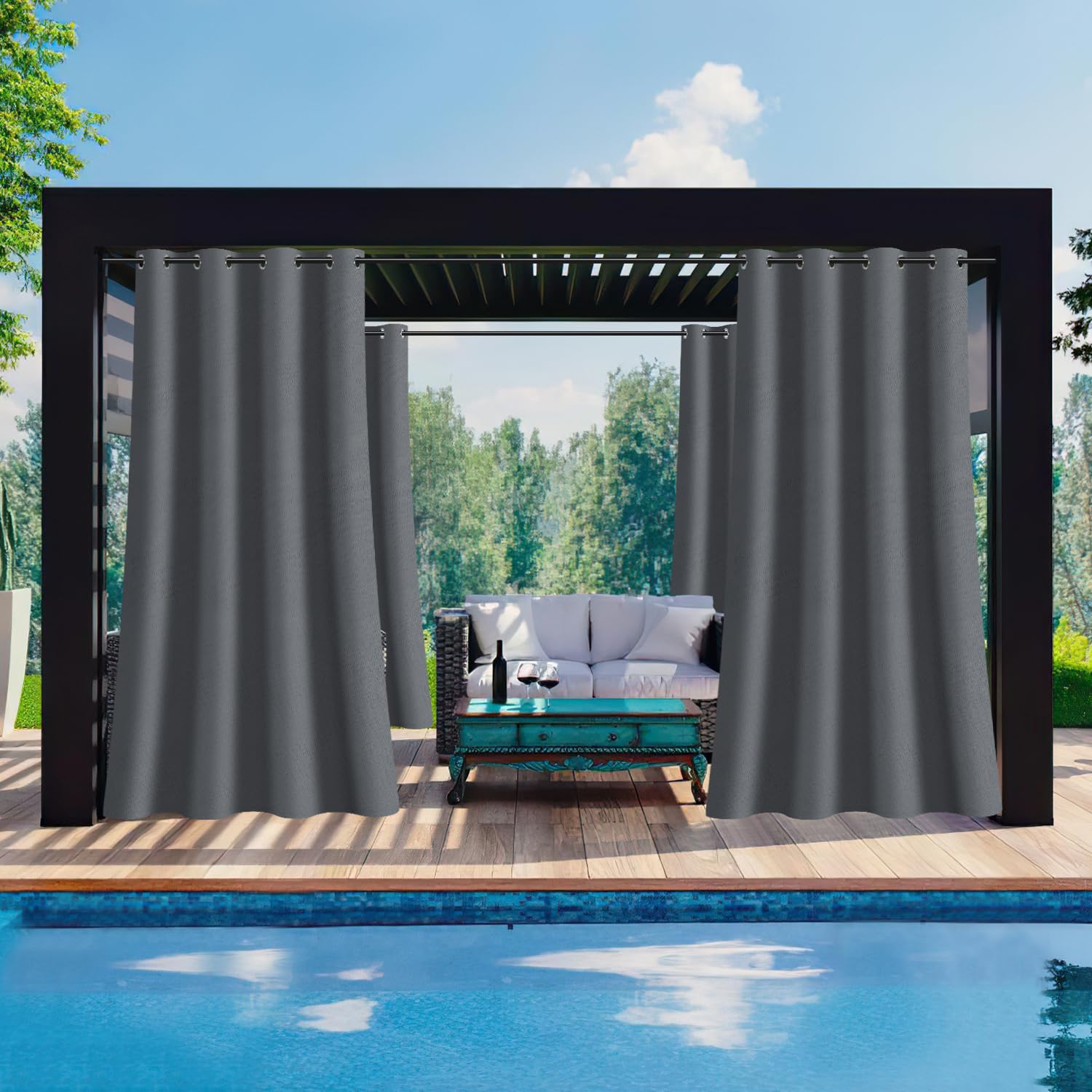Fiqops Garden Outdoor Vorhang Wetterfest, Outdoorvorhänge mit Ösen(1.6 inch), Vorhang Sichtschutz Sonnenschutz für Terrasse, Balkon, Pavillon, Vorhang 213x254CM (HöhexBreite) Grau,2 Stück