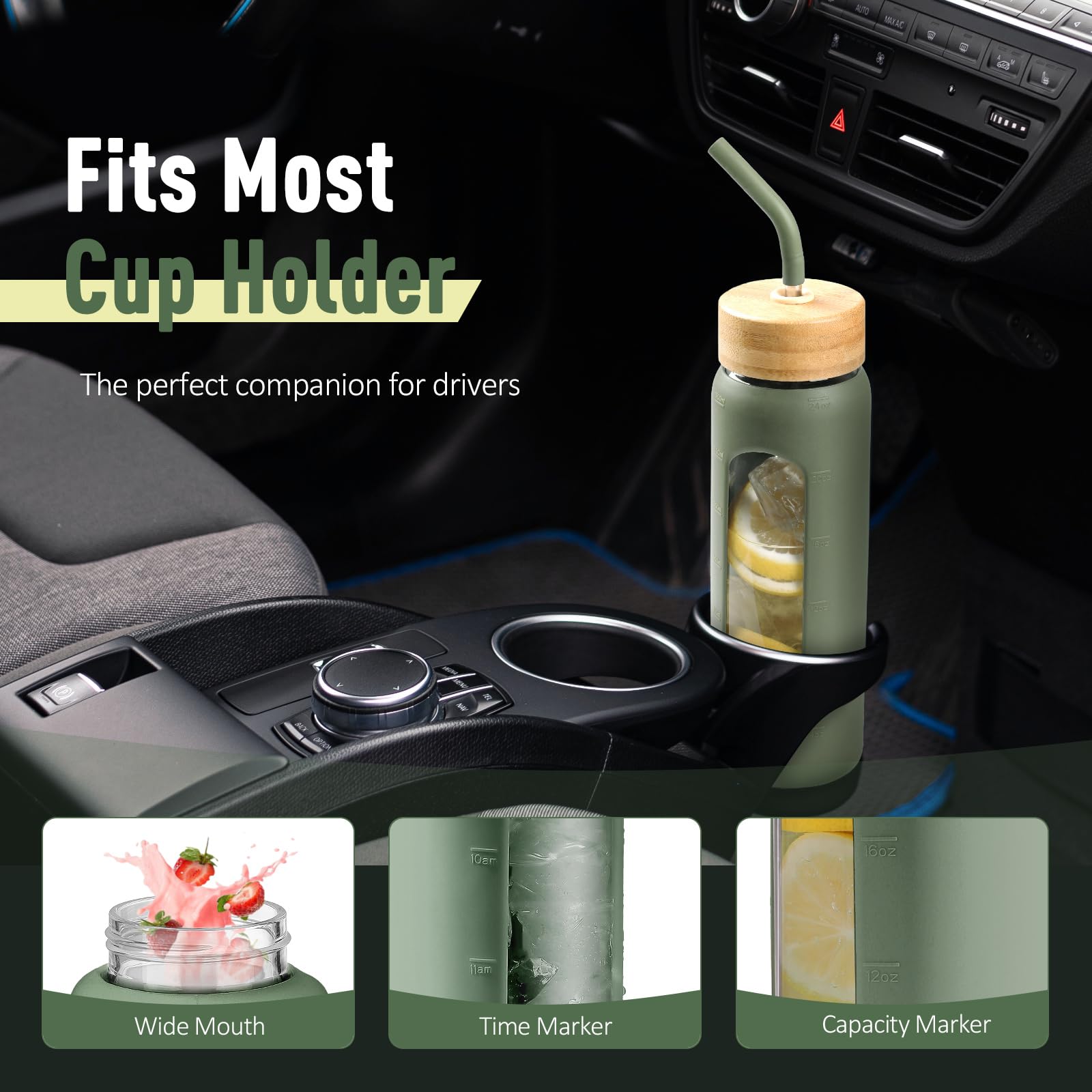 BLUEGO Borraccia Vetro 700ml con 2 Coperchi e Cannuccia, Sportiva Bottiglia d'Acqua con Custodia in Silicone e Indicatori di Tempo, Senza BPA, Verde oliva