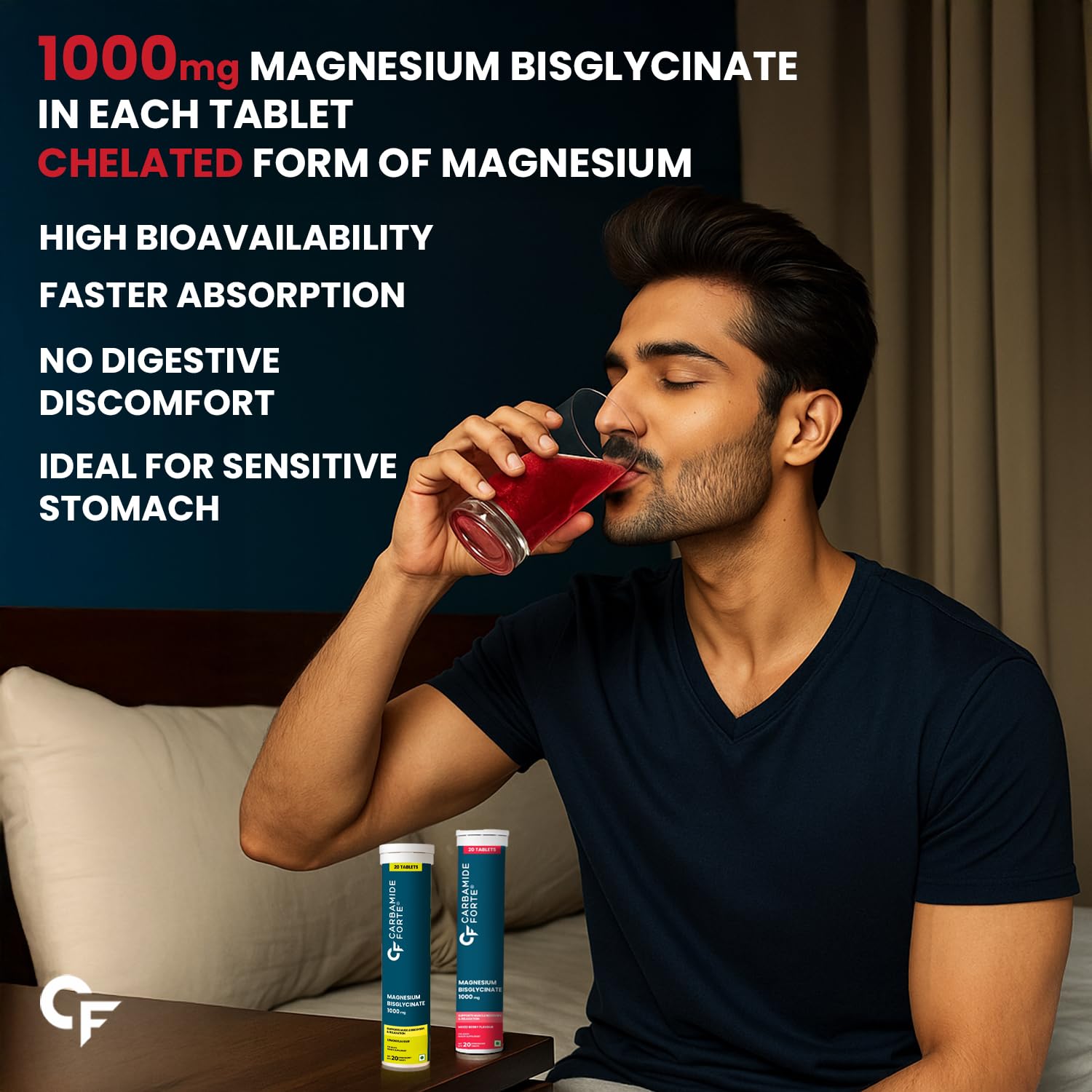 Carbamide Forte Magnesium Supplements Bisglycinate Effervescent Tablets 1000mg | Magnesium Glycinate Tablets | Supports Sleep, Muscle Cramp & Nerve Function - 2 X 20 Tablet - Lemon & Mixed Berry Flavour — Amazon image 3